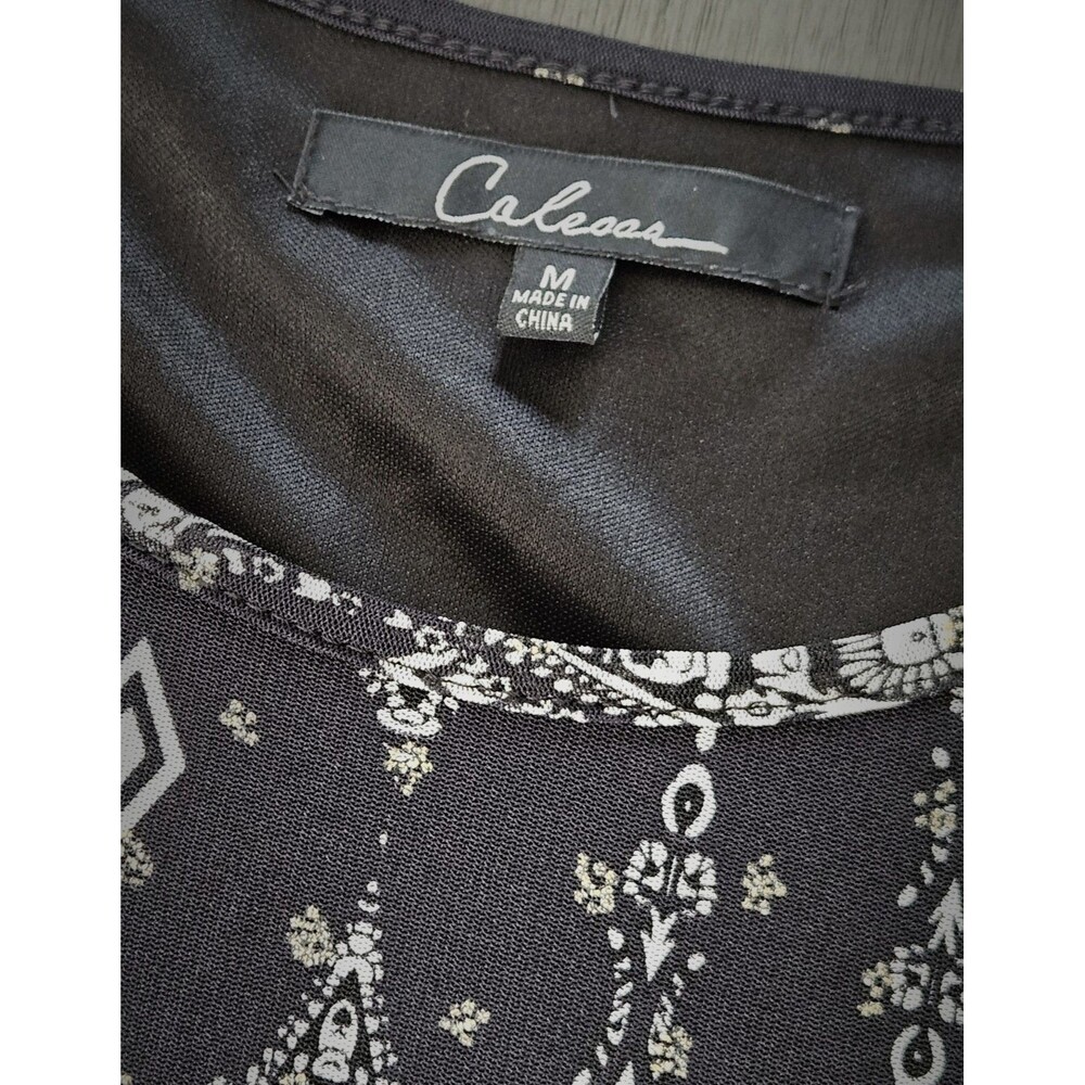 Calessa Black Moroccan Print Tunic Top Blouse Med Bell Sleeve Bohemian - Picture 3 of 9